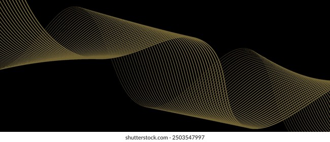 Abstract wave lines luxury shiny gold color on black background. Futuristic flow of shining gold line waves. Suitable for banners, posters, covers, brochures, flyers, websites