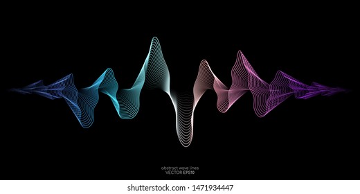 Abstract wave lines pattern dynamic colorful light flowing isolated on black background. Vector illustration design element in concept of music, party, technology, modern.