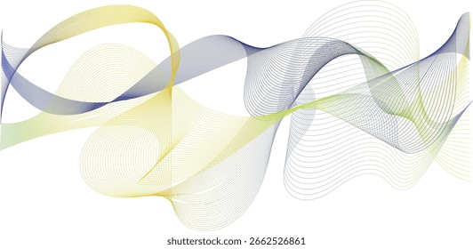Abstract wave lines with soft gradients of yellow, blue, and green on white background. Elegant digital motion pattern ideal for tech, science, or modern minimalist designs