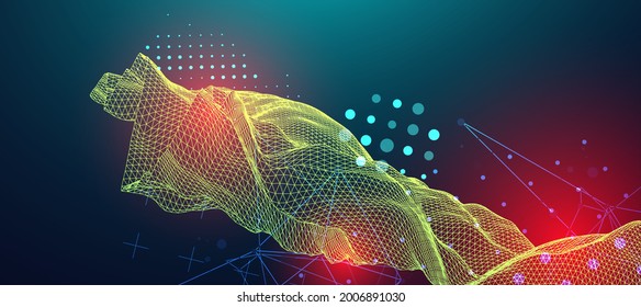 The abstract wave is made in a frame style in a bright gradient color. Template for science and technology presentation.