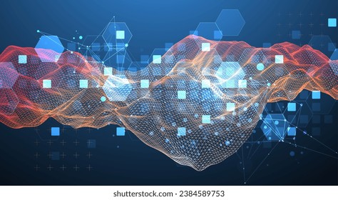 The abstract wave is made in a frame style in a bright gradient color. Template for science and technology presentation. Handmade vector art.