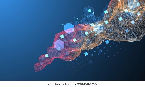 Die abstrakte Welle wird in einem Rahmenstil in einer hellen Farbverlauf-Farbe hergestellt. Vorlage für Wissenschafts- und Technologiepräsentation. Handgefertigte Vektorkunst.