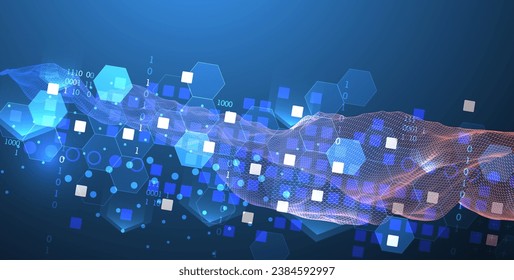 The abstract wave is made in a frame style in a bright gradient color. Template for science and technology presentation. Handmade vector.
