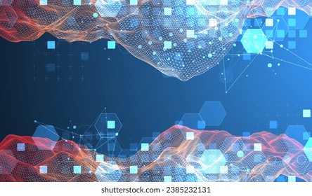 The abstract wave is made in a frame style in a bright gradient color. Template for science and technology presentation. Handmade vector art.