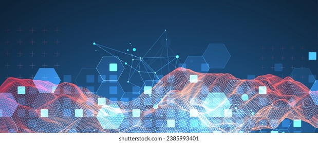 The abstract wave is made in a frame style in a bright gradient color. Template for science and technology presentation. Handmade vector art.