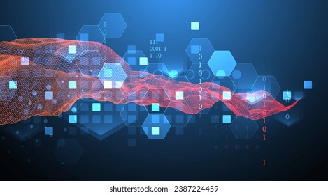 The abstract wave is made in a frame style in a bright gradient color. Template for science and technology presentation. Handmade vector.