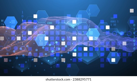 La onda abstracta está hecha en un estilo de marco en un color gradiente brillante. Plantilla para presentación de ciencia y tecnología. Vector hecho a mano.