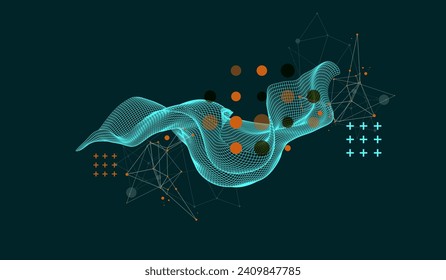 La onda abstracta está hecha en un estilo de marco en un color gradiente brillante. Plantilla para presentación de ciencia y tecnología. Vector dibujado a mano.