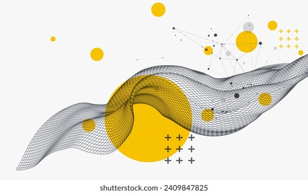 The abstract wave is made in a frame style in a bright gradient color. Template for science and technology presentation. Hand drawn vector.