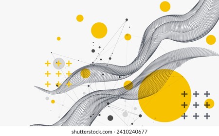 The abstract wave is made in a frame style in a bright gradient color. Template for science and technology presentation. Hand drawn vector.