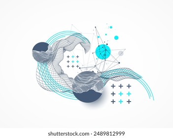 The abstract wave is made in a frame style. Template for science and technology presentation. Hand drawn vector art.