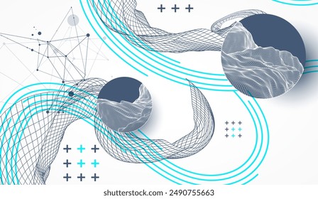 The abstract wave is made in a frame style. Template for science and technology presentation. Hand drawn vector art.