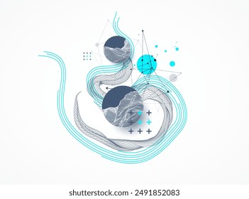 The abstract wave is made in a frame style. Template for science and technology presentation. Hand drawn vector art.