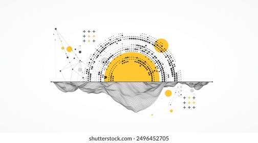 The abstract wave is made in a frame style with half tone element. Template for science and technology presentation. Hand drawn vector art.