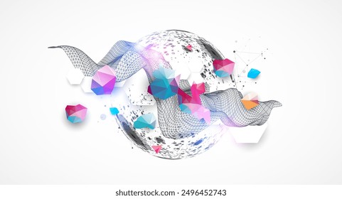 The abstract wave is made in a frame style with sphere. Template for science or technology presentation. Hand drawn vector art.