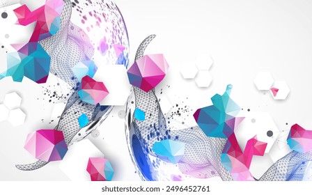 La onda abstracta está hecha en un estilo de marco con esfera. Plantilla para presentación de ciencia o tecnología. Arte vectorial dibujado a mano.