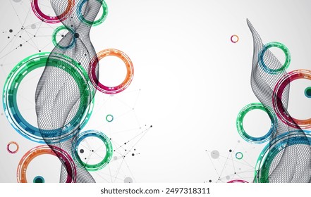 The abstract wave is made in a frame style. Template for science and technology presentation with circles. Hand drawn vector art.