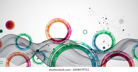 The abstract wave is made in a frame style. Template for science and technology presentation with circles. Hand drawn vector art.