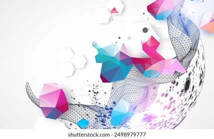The abstract wave is made in a frame style with sphere. Template for science or technology presentation. Hand drawn vector art.