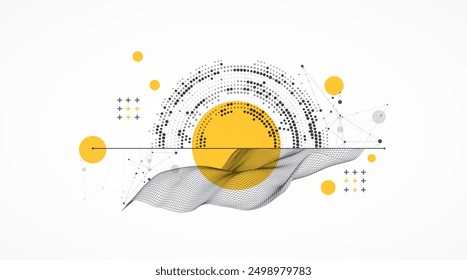 The abstract wave is made in a frame style with half tone element. Template for science and technology presentation. Hand drawn vector art.