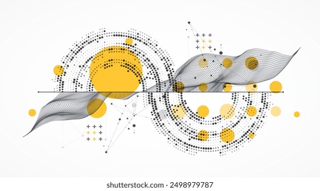 The abstract wave is made in a frame style with half tone element. Template for science and technology presentation. Hand drawn vector art.