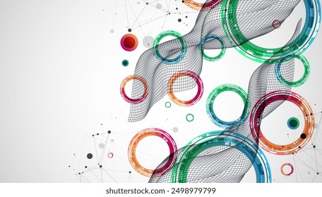 The abstract wave is made in a frame style. Template for science and technology presentation with circles. Hand drawn vector art.