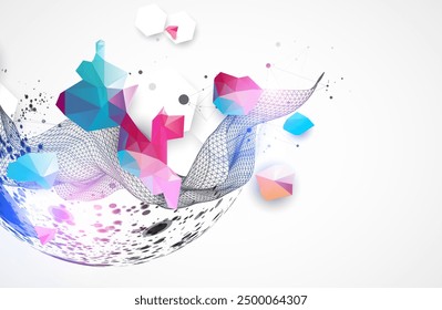 La onda abstracta está hecha en un estilo de marco con esfera. Plantilla para presentación de ciencia o tecnología. Arte vectorial dibujado a mano.