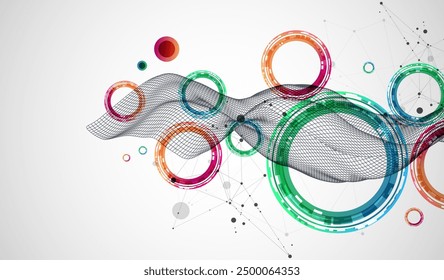 Die abstrakte Welle ist im Rahmenstil gefertigt. Vorlage für wissenschaftliche und technologische Präsentation mit Kreisen. Handgezeichnete Vektorgrafik.