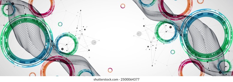 The abstract wave is made in a frame style. Template for science and technology presentation with circles. Hand drawn vector art.