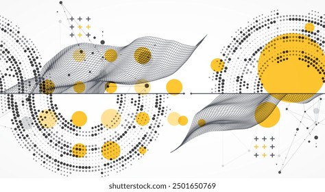 The abstract wave is made in a frame style with half tone element. Template for science and technology presentation. Hand drawn vector art.