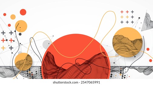 The abstract wave is made in a frame style with half tone element. Template for science and technology presentation. Hand drawn vector art.