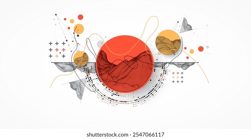 The abstract wave is made in a frame style with half tone element. Template for science and technology presentation. Hand drawn vector art.