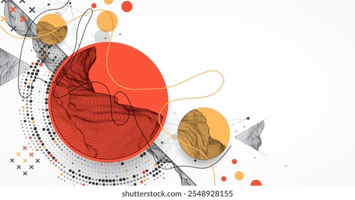 A onda abstrata é feita em um estilo de quadro com elemento de meio tom. Modelo para apresentação de ciência e tecnologia. Arte vetorial desenhada à mão.
