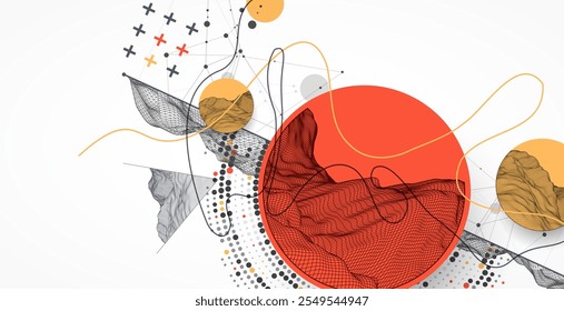 La onda abstracta está hecha en un estilo de marco con elemento de medio tono. Plantilla para la presentación de ciencia y tecnología. Arte vectorial dibujado a mano.