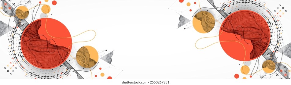 A onda abstrata é feita em um estilo de quadro com elemento de meio tom. Modelo para apresentação de ciência e tecnologia. Arte vetorial desenhada à mão.