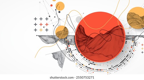 La onda abstracta está hecha en un estilo de marco con elemento de medio tono. Plantilla para la presentación de ciencia y tecnología. Arte vectorial dibujado a mano.