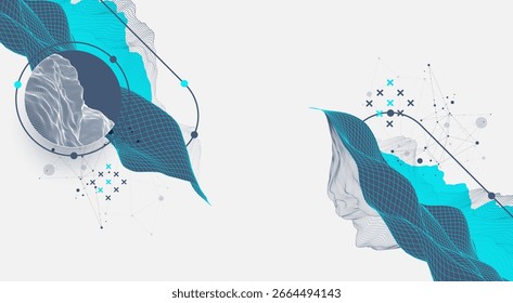 The abstract wave is made in a frame style. Template for science and technology presentation. Vector art.