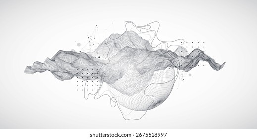 A onda abstrata é feita em um estilo de quadro. Modelo para apresentação de ciência e tecnologia. Esfera arte. Vetor.