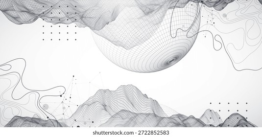 A onda abstrata é feita em um estilo de quadro. Modelo para apresentação de ciência e tecnologia. Esfera arte. Vetor.