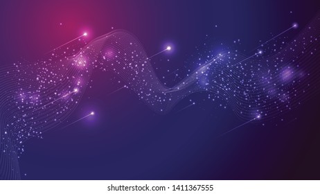 Abstract wave mesh, cluster of scattering glitter star, and comet, on purple blue background