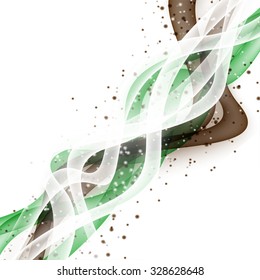 Abstract wave modern layout with fresh white brown green swoosh line with splashes. Vector illustration