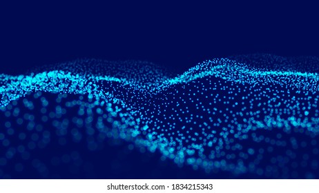 Abstract wave with moving dots. Flow of particles. Vector cyber technology illustration.