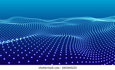Abstract wave with moving dots. Flow of particles. Vector cyber technology illustration.