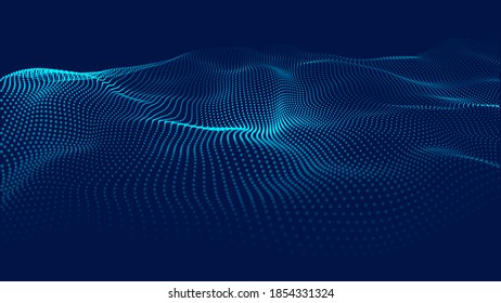 Abstract wave with moving dots. Flow of particles. Vector cyber technology illustration.