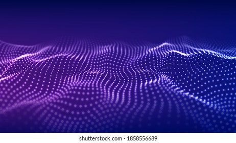 Abstract wave with moving dots. Flow of particles. Vector cyber technology illustration.