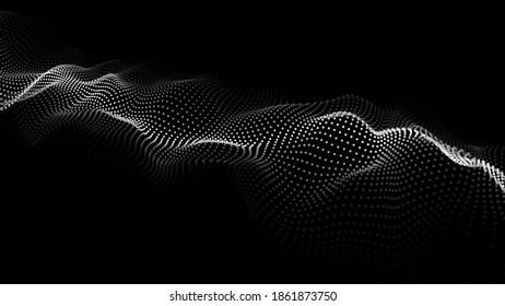 Abstract wave with moving dots. Flow of particles. Vector cyber technology illustration.