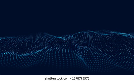 Abstract Wave With Moving Dots. Flow Of Particles. Vector Cyber Technology Illustration.