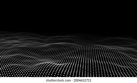Abstract wave with moving dots. Flow of particles. Vector cyber technology illustration.