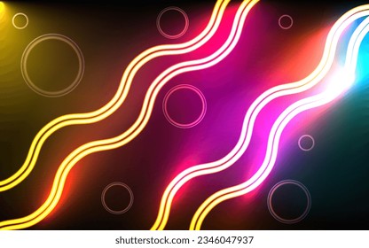 Abstract wave neon shape on colorful smoke background. Vector glowing light lines. Dark neon background. Vector illustration.