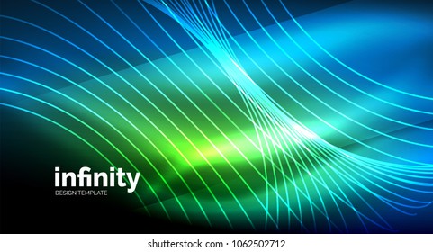 Abstract wave on dark background, shiny glowing neon digital background template. Vector illustration